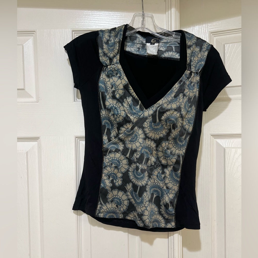 Vintage Just Cavalli black Floral Print V-Neck T-Shirt Top Size 40